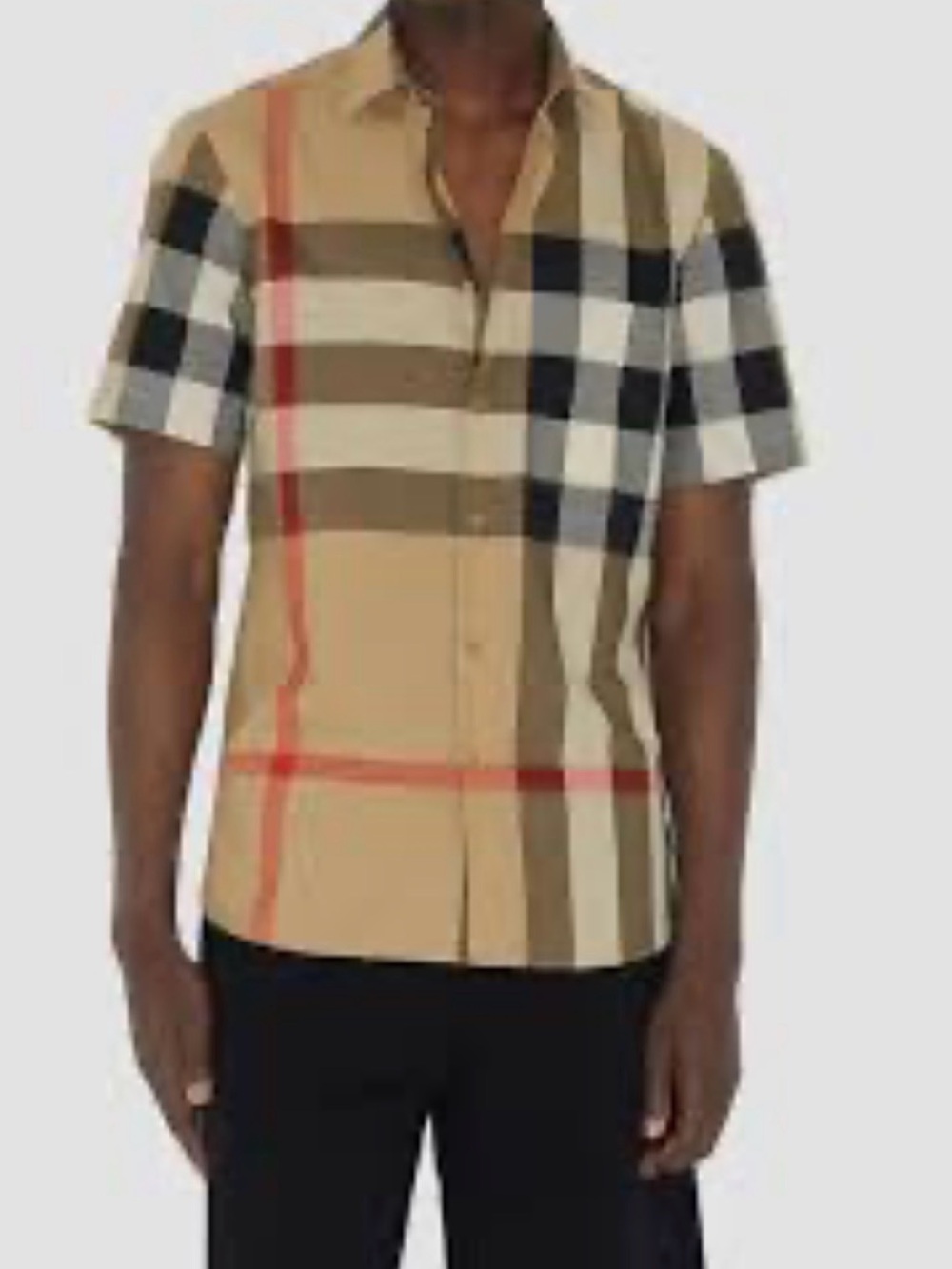 Burberry Tan Plaid Button-Down Shirt with Black & Red Accents